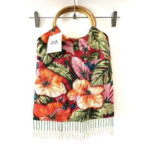 NWT Q&A Womens Multicolor Beaded Fringe Tropical Floral Top Handle Handbags